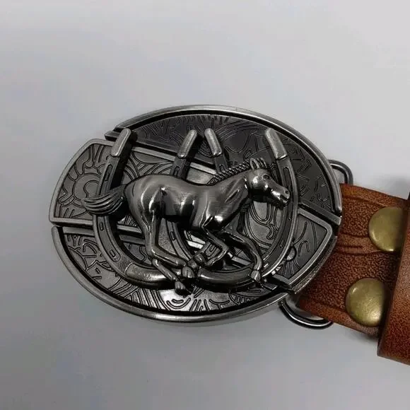 Western Leather Belt Horse Buckle Brown Tooled Cowboy - Picture 2 of 4